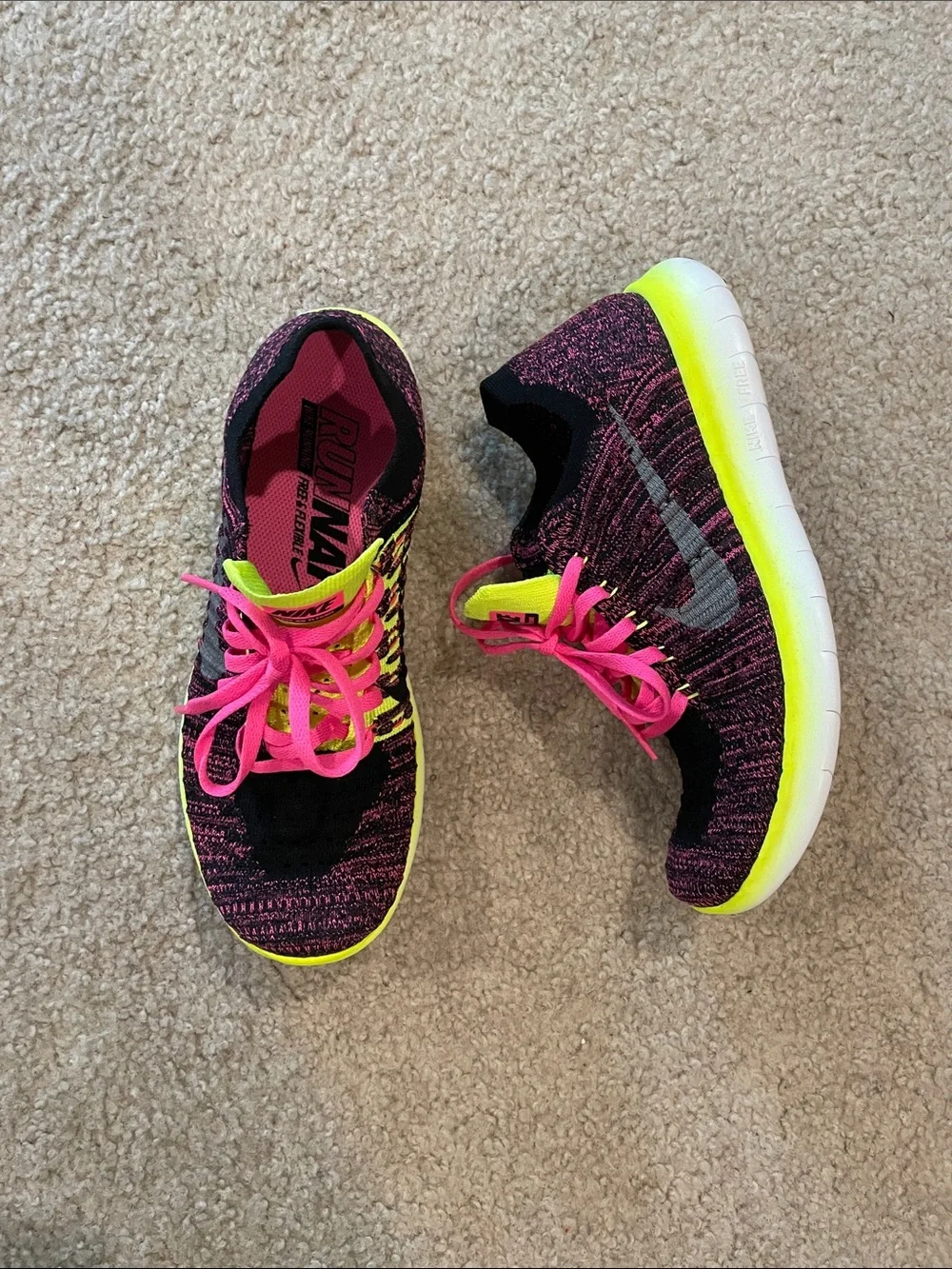 Nike Free RN Flyknit Sneakers - Pink & Neon Yellow